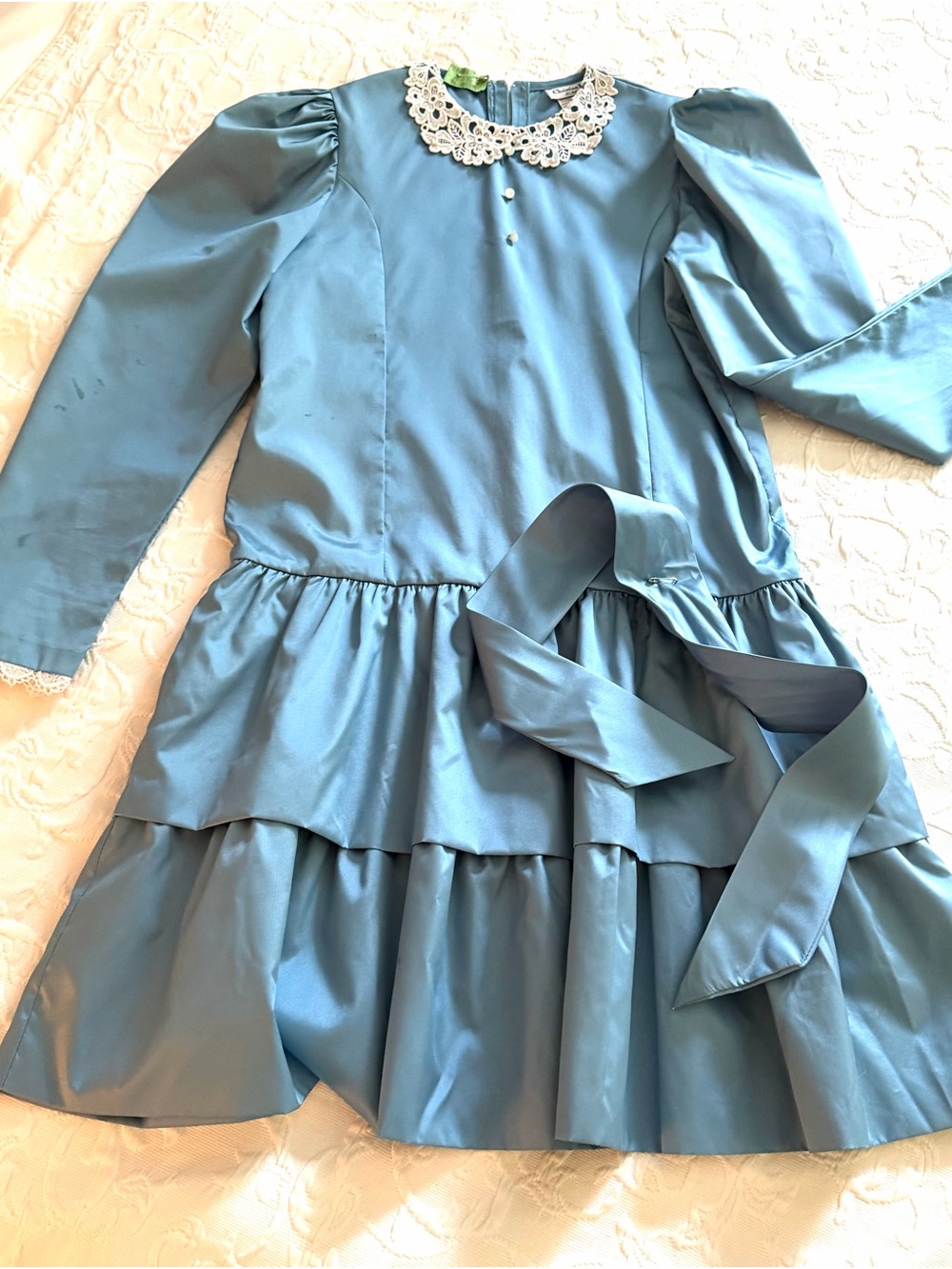Vintage Christian Dior Blue Tiered Dress Lace Collar Girls Sz 12 1980โs